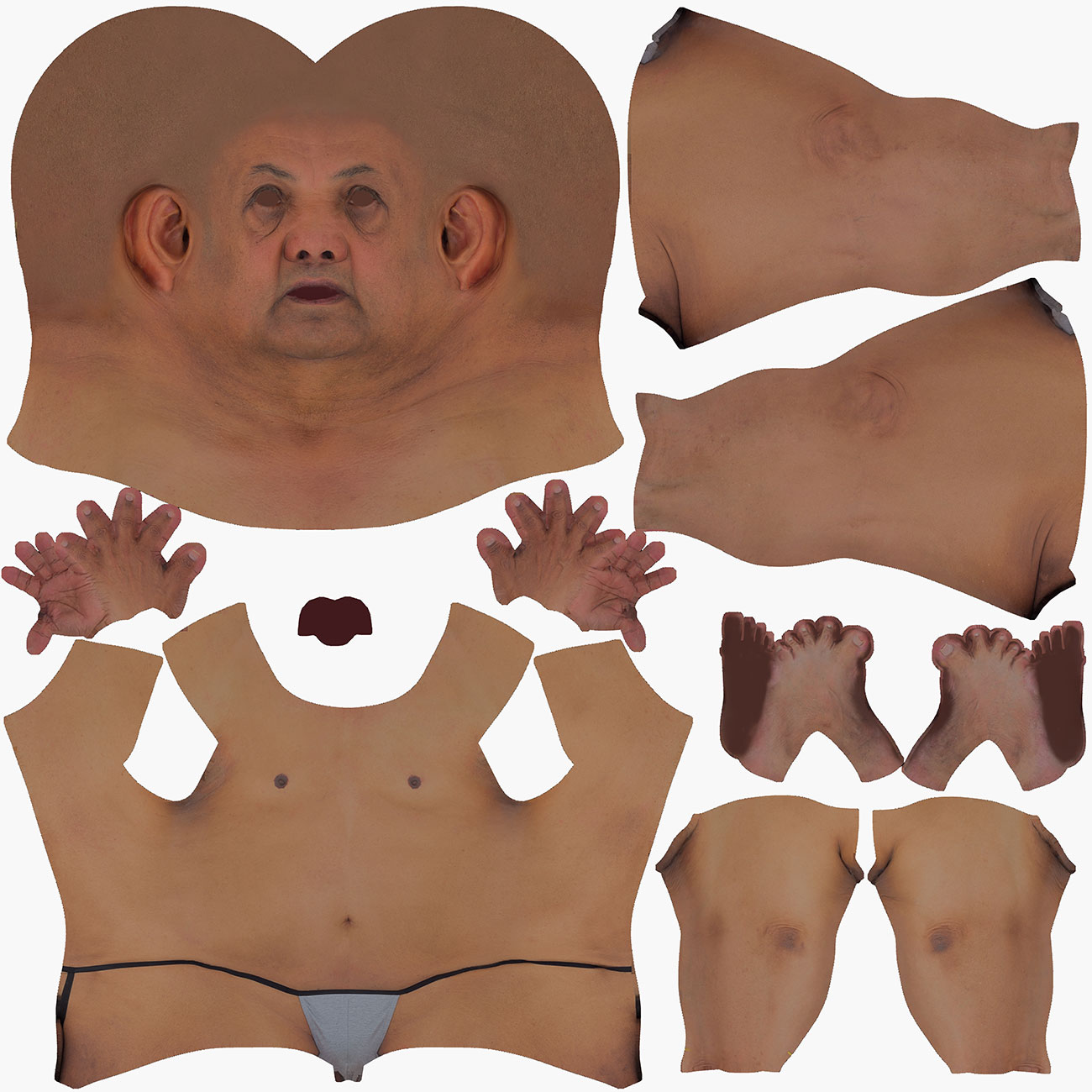 UV map layout for an older male full body 3D scan showing low-distortion texture unwrap across body and face
